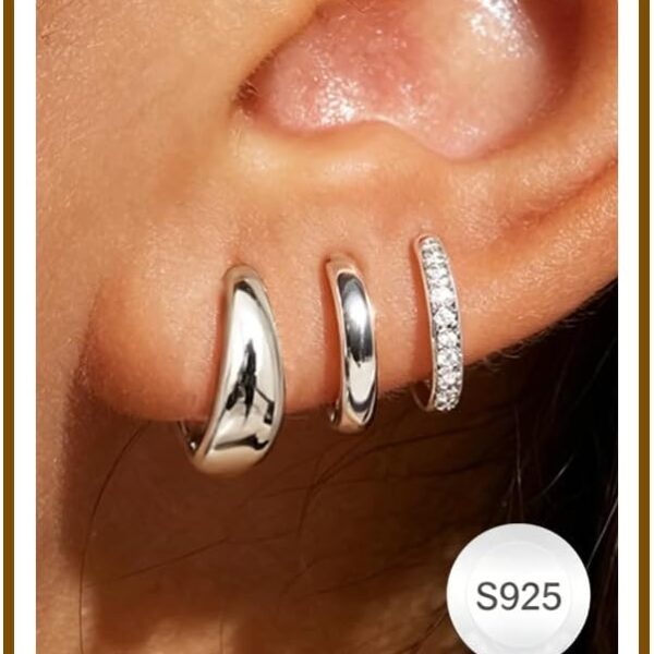 DORANA 925 Sterling Silver Huggie Hoop Earrings – 3 Pairs