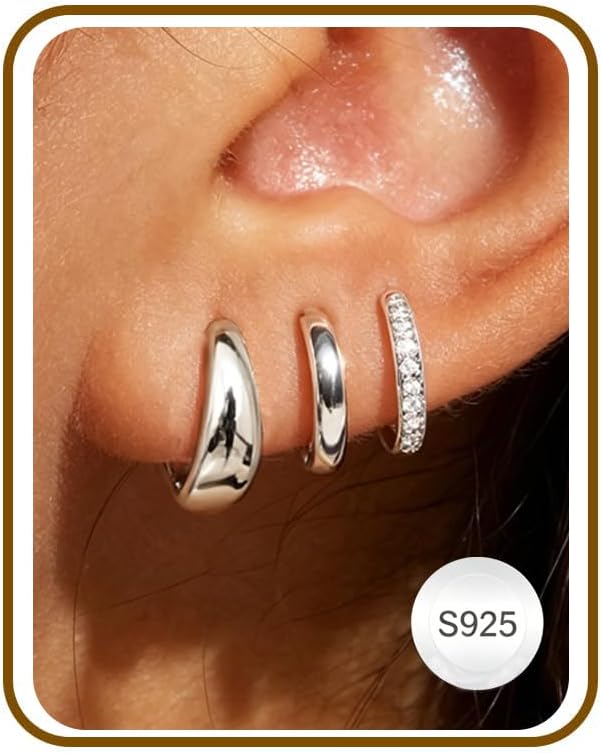 DORANA 925 Sterling Silver Huggie Hoop Earrings – 3 Pairs