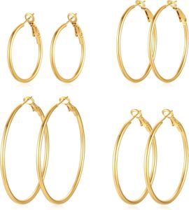 14K Gold Plated Hoop Earrings Set – 4 Pairs, Lightweight