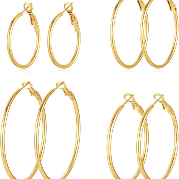 14K Gold Plated Hoop Earrings Set – 4 Pairs, Lightweight