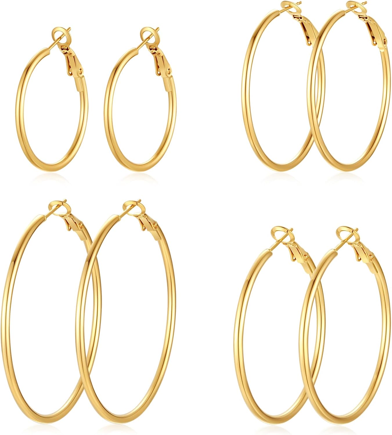 14K Gold Plated Hoop Earrings Set – 4 Pairs, Lightweight