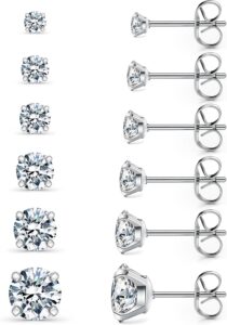 6-Pair CZ Stud Earrings Set – Hypoallergenic, 3 to 8mm