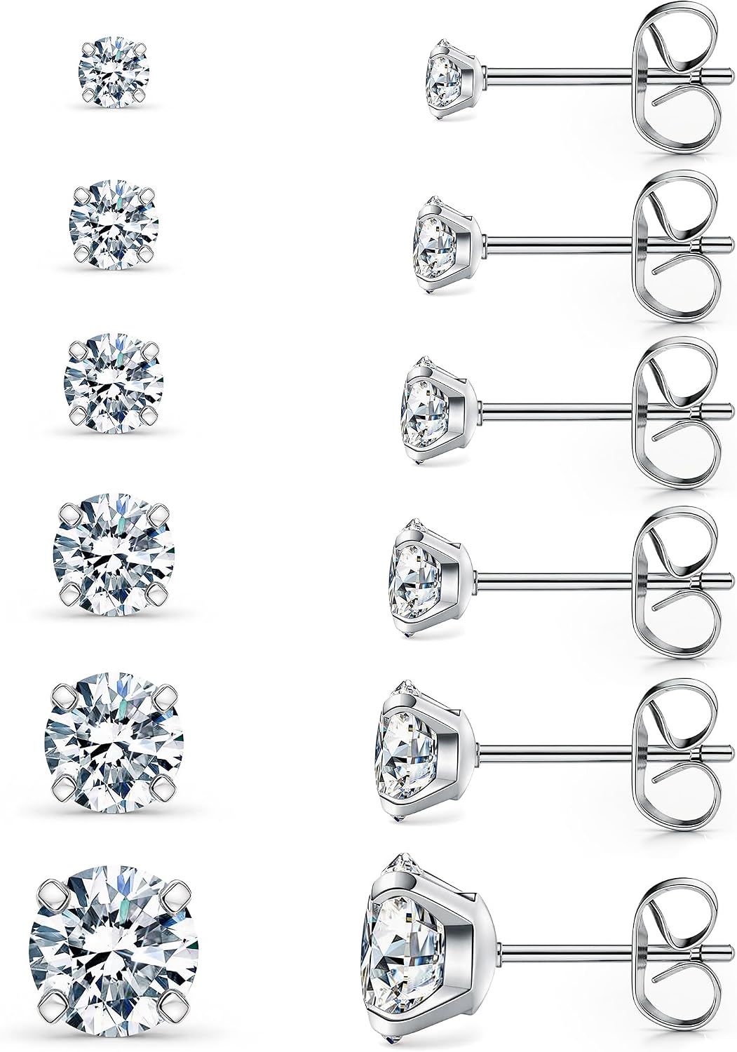 6-Pair CZ Stud Earrings Set – Hypoallergenic, 3 to 8mm