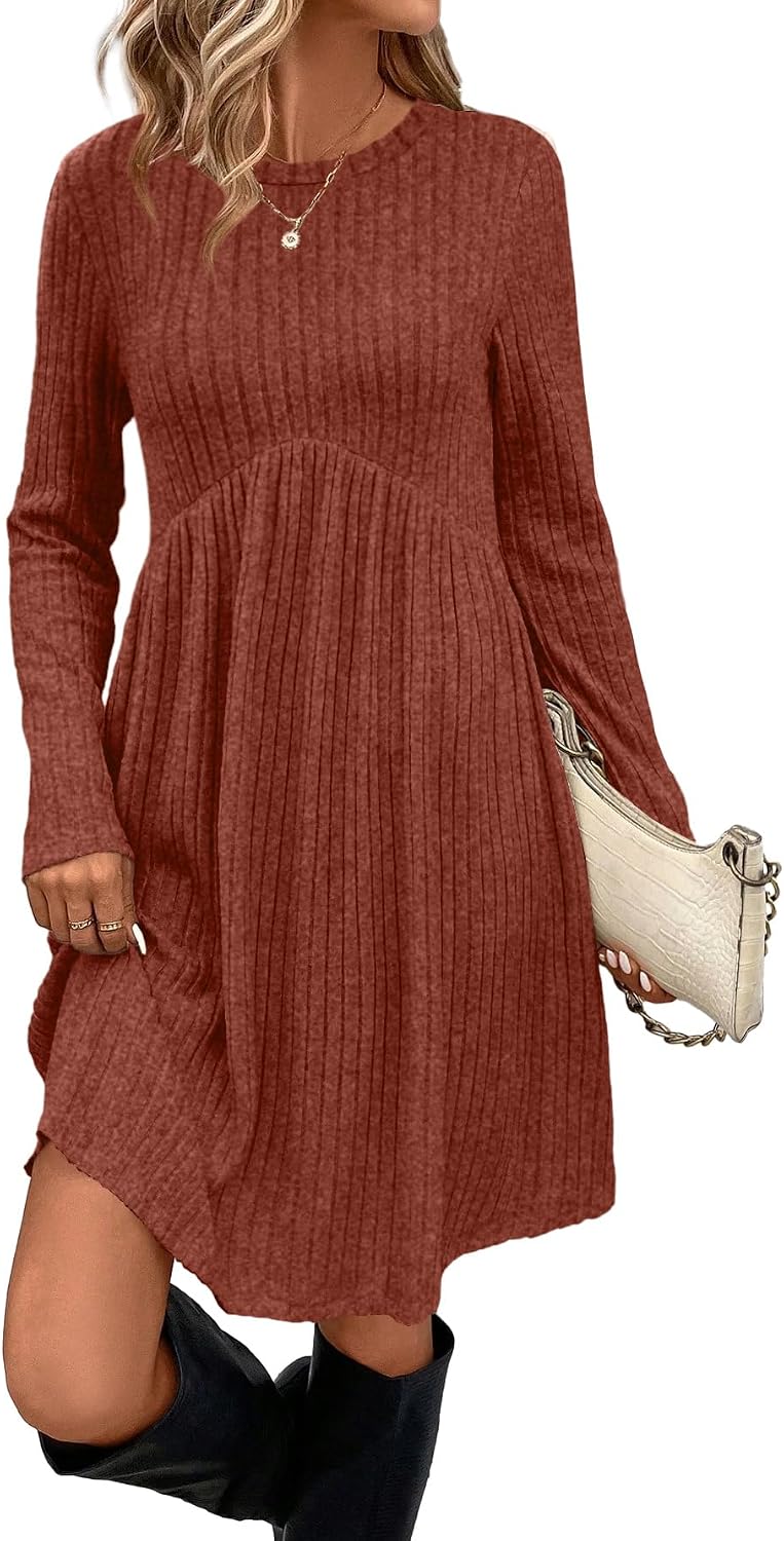 OFEEFAN Crew Neck Tunic Dress with Pockets