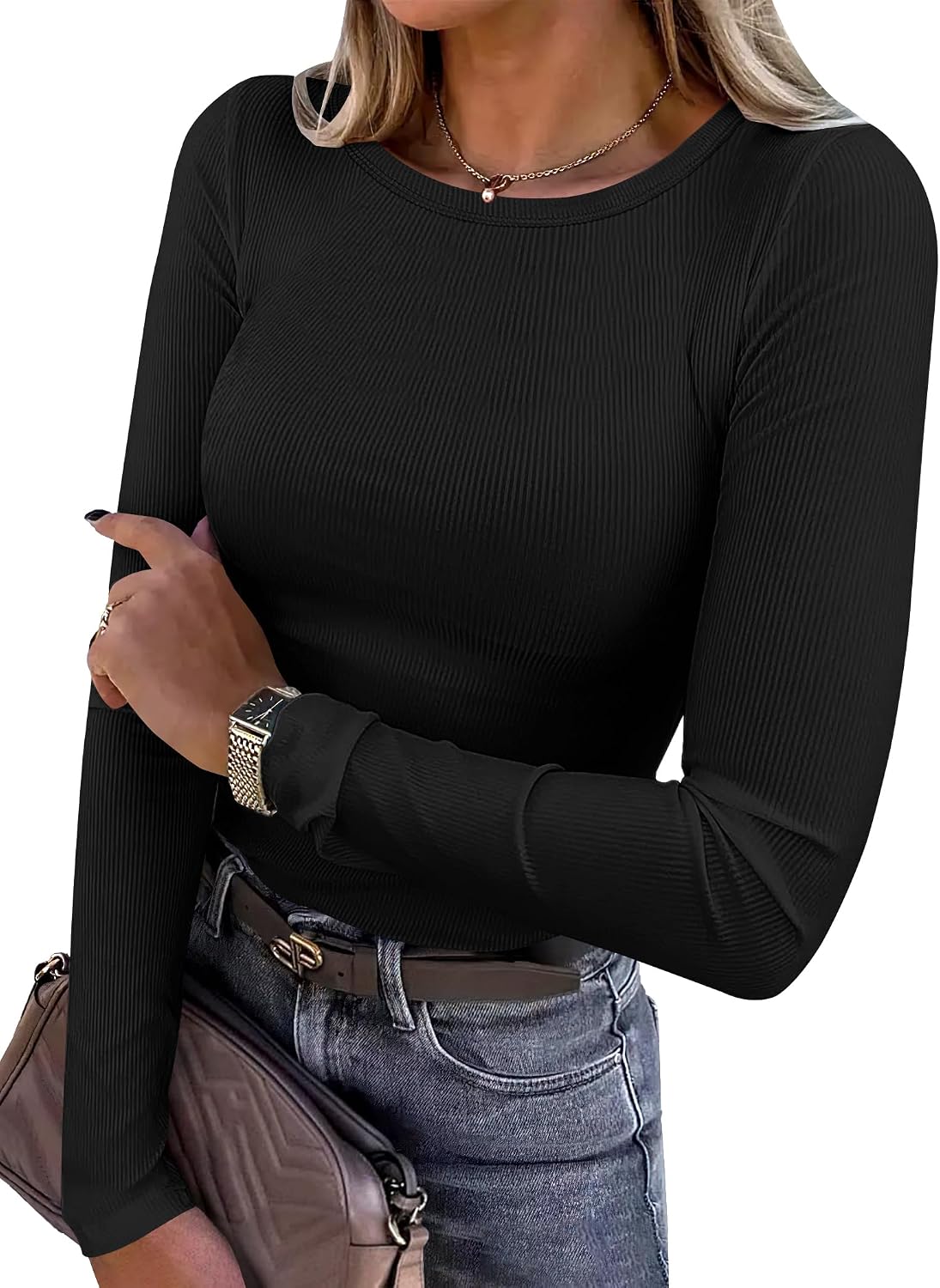 ANRABESS Women’s Ribbed Long Sleeve Fitted T-Shirt
