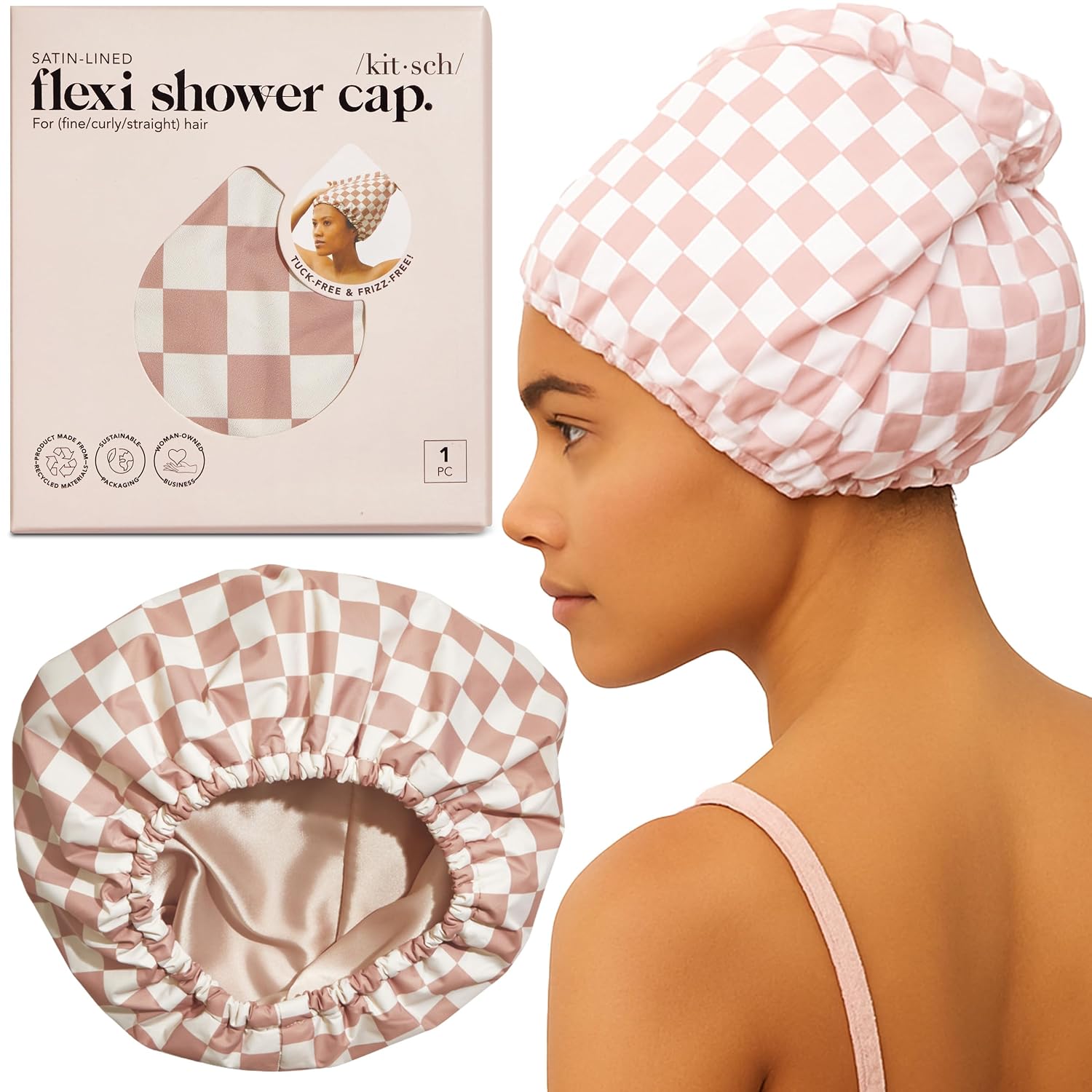 Kitsch Satin-Lined Shower Cap – Terracotta Checker