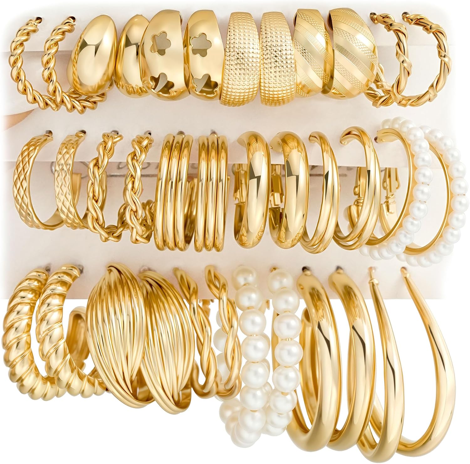 18 Pairs Gold Hoop Earrings Set – Chunky & Pearl Hoops