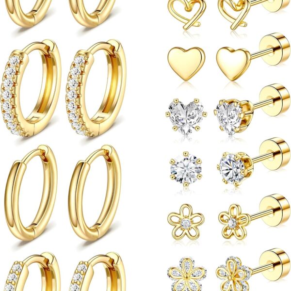 Gold Flat Back Stud Earrings Set – Hypoallergenic