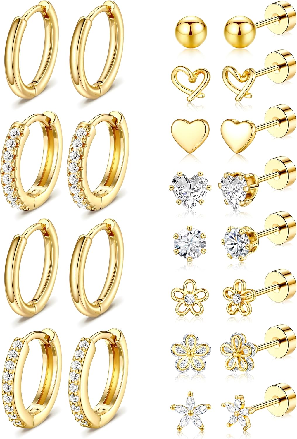 Gold Flat Back Stud Earrings Set – Hypoallergenic