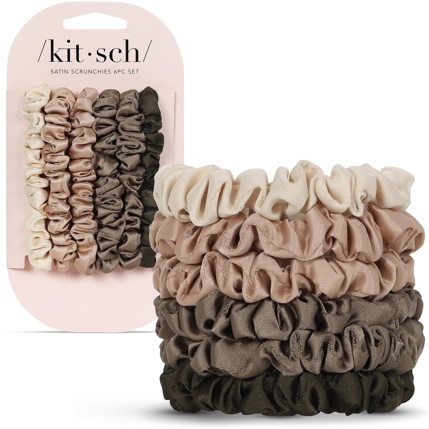 Kitsch Satin Scrunchies, Eucalyptus, 6-Pack